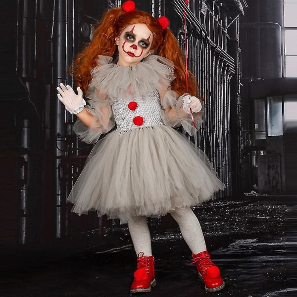 Klovnedrakt for jenter for Pennywise Cosplay-sett Halloween-karnevalsfest for barn Fancy Dress Up_nn 8-9T