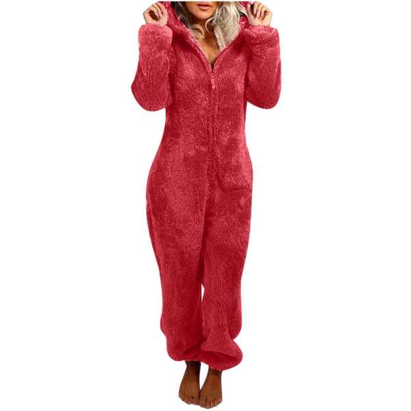 Dam Vinter Fluffy Fleece Hooded Allt i en Jumpsuit Red XL