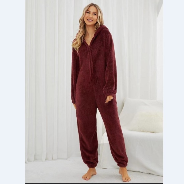 Dame Vinter Fluffy Fleece Hette Allt i en Jumpsuit Wine 2XL