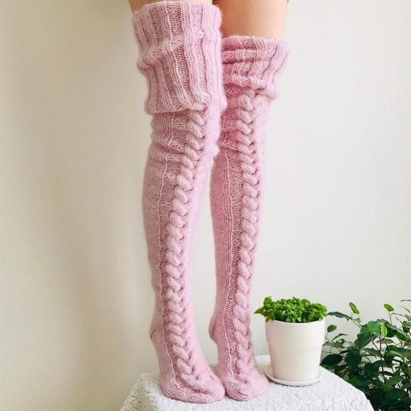 Varma Stickade Knästrumpor Höga Strumpor Thigh High rosa pink