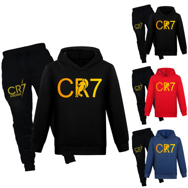 CR7 Ronaldo Barn Pojkar Casual träningsoverall Fotboll Tröja med huva Träningsbyxor Pullover Outfi Svart Black Black 150 cm