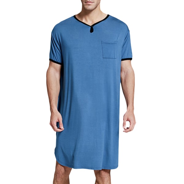 Herrepyjamas Casual kortærmet lang nattskjorte Blød natttøj Royal blue XL