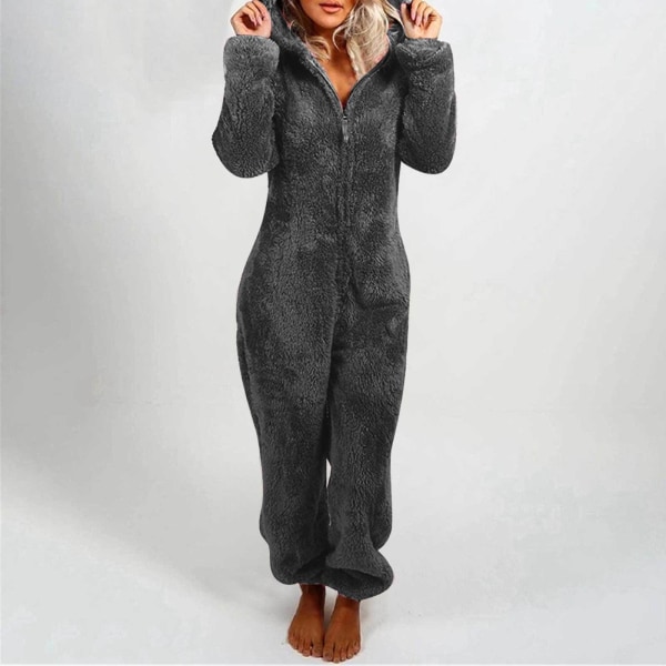 Dame Vinter Fluffy Fleece Hætte Allt i en Jumpsuit Dark grey 5XL