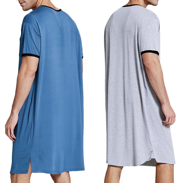 Herrpyjamas Casual kortärmad lång nattskjorta juk nattkläder Royal blue M