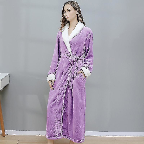 Dame Morgenkåbe Badekåbe Varm Blød Fleece Lang Morgenkåbe Natkjole Purple XL