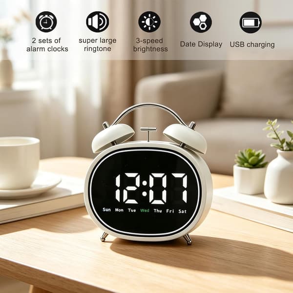 Liten väckarklocka (hög ringsignal), LED elektronisk display, tyst bordsklocka White
