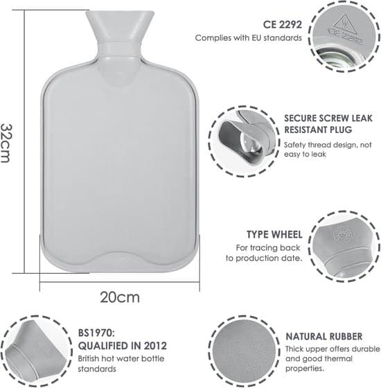 Varmvattenflaska med förvaringspåse - 2 liter - Varmvattenflaskset - Grå - 33 x 20 cm - 1 styck