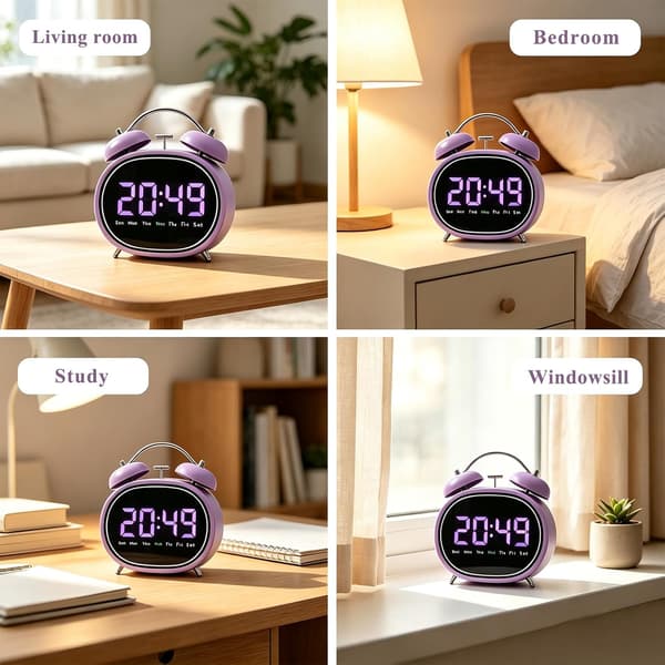 Liten väckarklocka (hög ringsignal), LED elektronisk display, tyst bordsklocka Purple