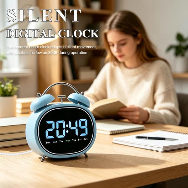 Liten väckarklocka (hög ringsignal), LED elektronisk display, tyst bordsklocka Blue