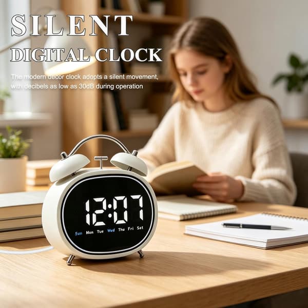 Liten väckarklocka (hög ringsignal), LED elektronisk display, tyst bordsklocka White