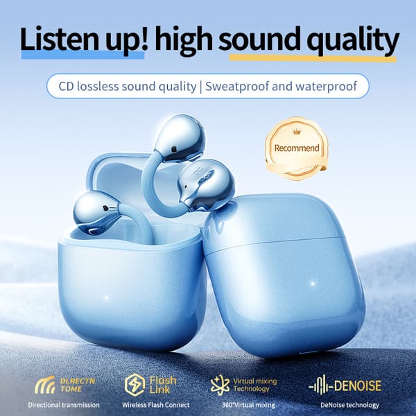 Clip-on Bluetooth-hörlurar med brusreducering och översättningsfunktioner.