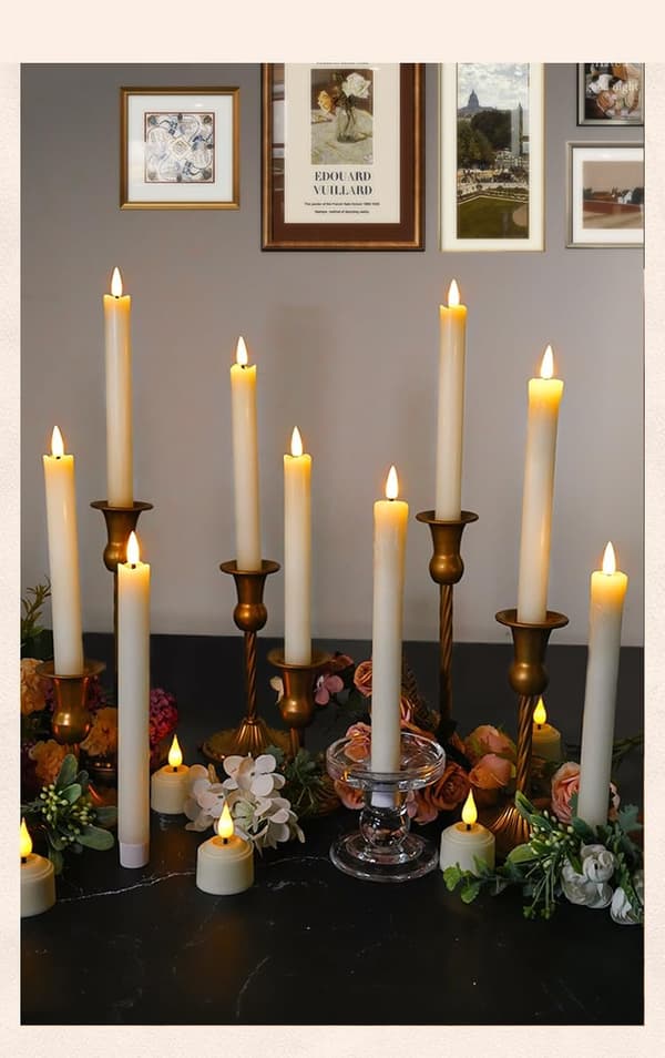 6-pack rechargeable LED taper candles in ivory white, remote control, melted top for Christmas and home decor