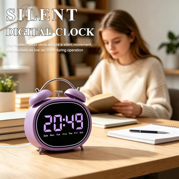Liten väckarklocka (hög ringsignal), LED elektronisk display, tyst bordsklocka Purple