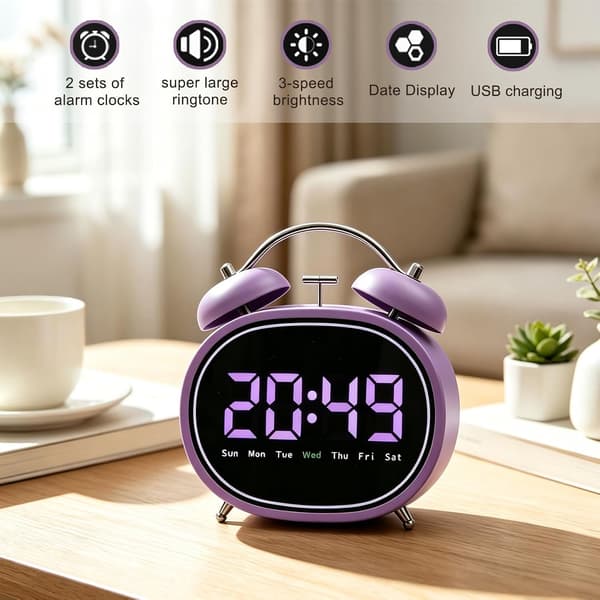 Liten väckarklocka (hög ringsignal), LED elektronisk display, tyst bordsklocka Purple