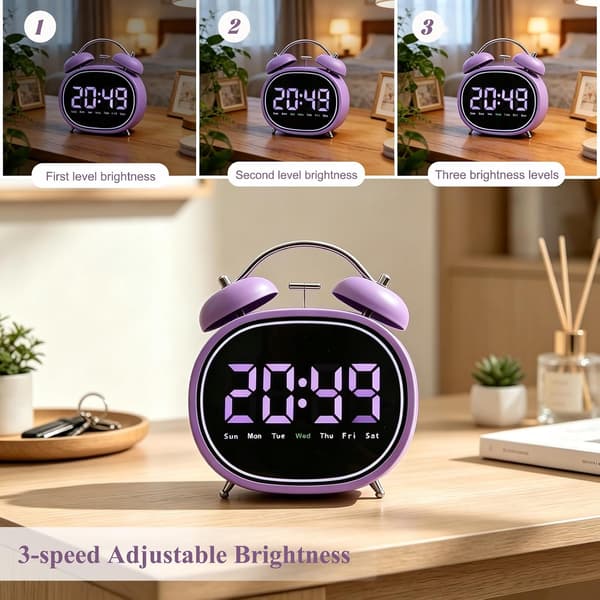 Liten väckarklocka (hög ringsignal), LED elektronisk display, tyst bordsklocka Purple