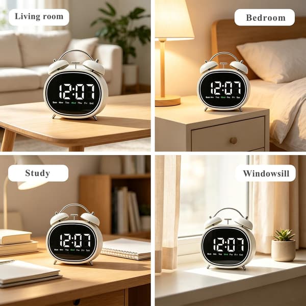 Liten väckarklocka (hög ringsignal), LED elektronisk display, tyst bordsklocka White