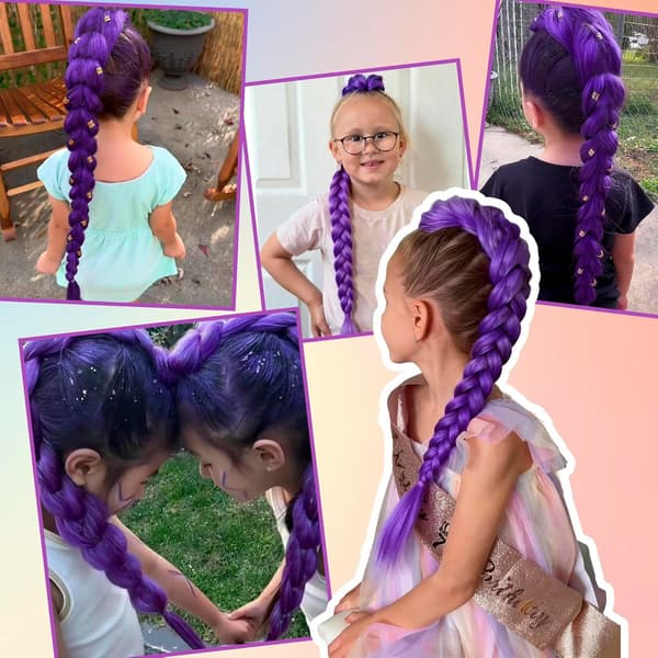 Flickors lila flätade hästsvansperuk, uppträdandeperuk