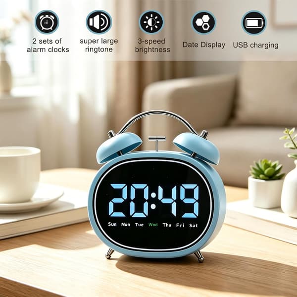 Liten väckarklocka (hög ringsignal), LED elektronisk display, tyst bordsklocka Blue