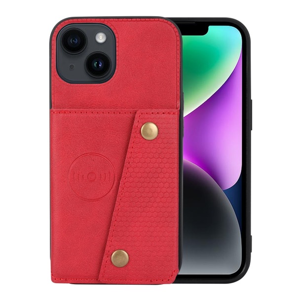 iPhone 15 - Lyxigt Retro Läder Plånboksfodral 4-Kortfack Röd