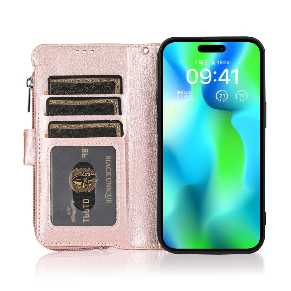 Elegant plånboksfodral i mikrofiberläder med dragkedja - iPhone 15 Pro Black