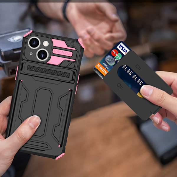 iPhone 15 - Stöttåligt Skyddsfodral med 3 Kortfack Rosa