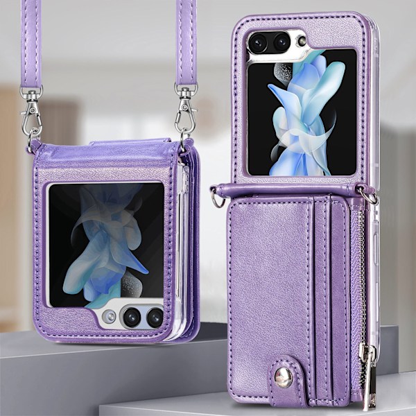 Samsung Galaxy Z Flip 6 Elegant Skal med Rem och Kortplats Lila