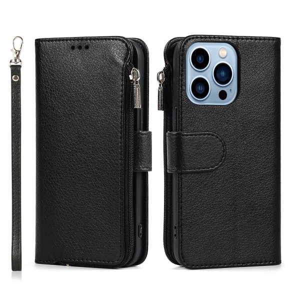 Elegant plånboksfodral i mikrofiberläder med dragkedja - iPhone 15 Pro Black