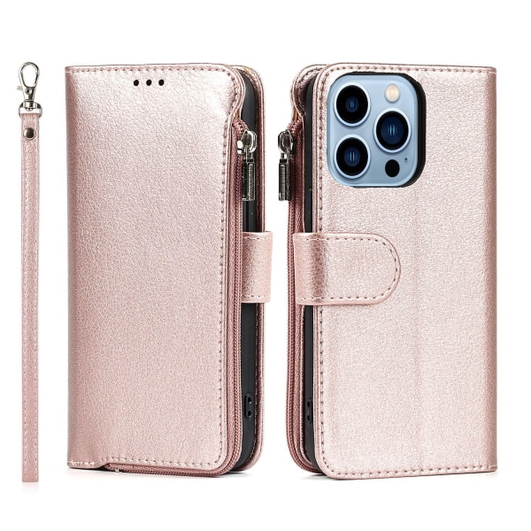 Tyylikäs lompakkokotelo mikrokuitunahkaa vetoketjulla - iPhone Pink gold