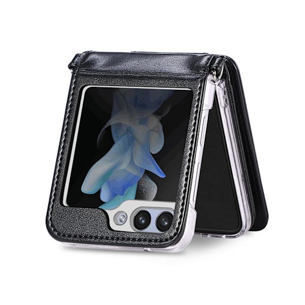Samsung Galaxy Z Flip 5 -  Plånboksfodral i Retrostil av PU-Läder med Korthållare och Halskedja Svart