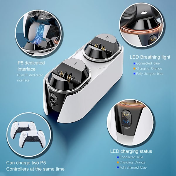 RGB-kontrollerladdningsstation för PlayStation 5. Snabb laddning med LED-indikator. Vit