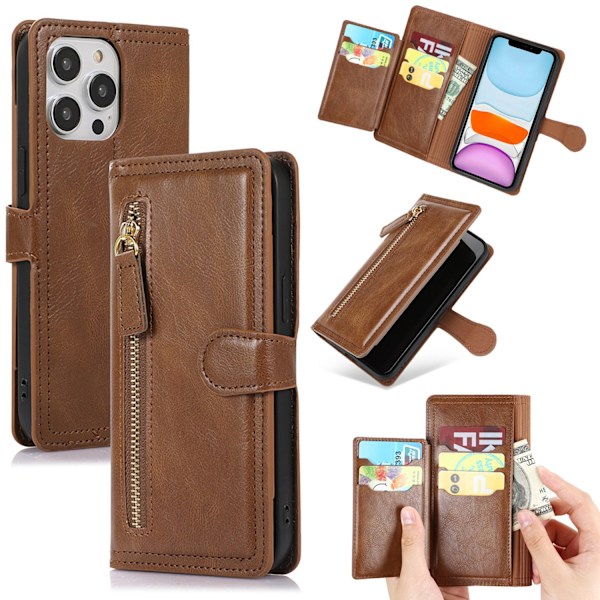 iPhone 13 Pro - Multifunktionellt Fodral med Zipper & Handledsrem Mörkbrun