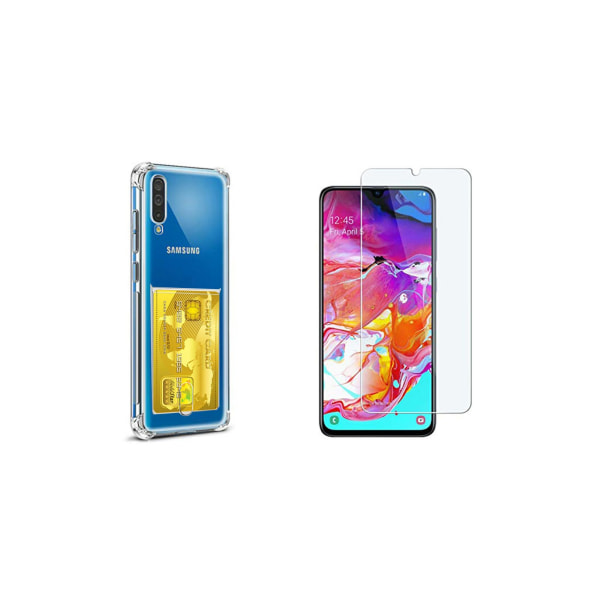 Samsung Galaxy A70 - Kansi korttilokerolla ja näytönsuojalla Transparent