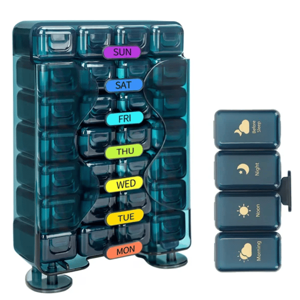 Pilledispenser Portable  28 fack & påminnelsefunktion Grön