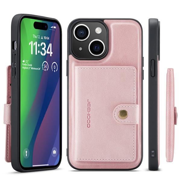 iPhone 15 Plus - Läderplånboksfodral med magnetiskt hållare Pink gold