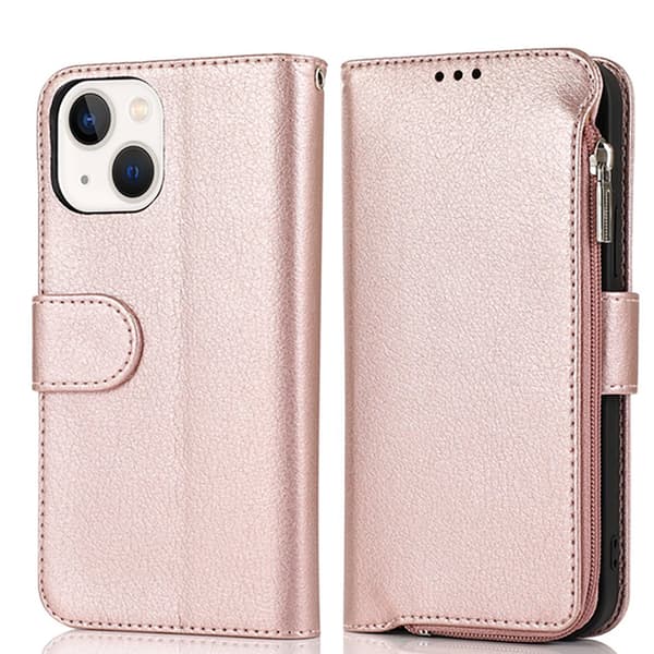 Plånboksfodral i Mikrofiberläder med Dragkedja - iPhone 15 Roséguld