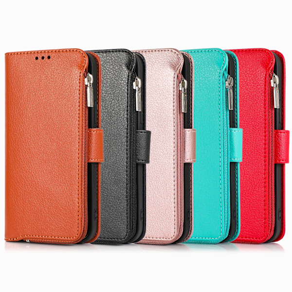 iPhone15PLUS-Fodral Vikbart med Axelrem och Dragkedja 3-Kortfack Pink gold