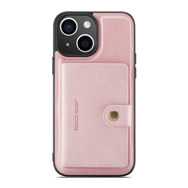 iPhone 15- Läderplånboksfodral med magnetiskt hållare Rosa guld