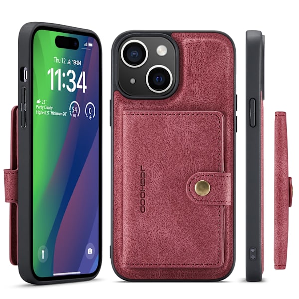 iPhone 15 Plus - Läderplånboksfodral med magnetiskt hållare Red
