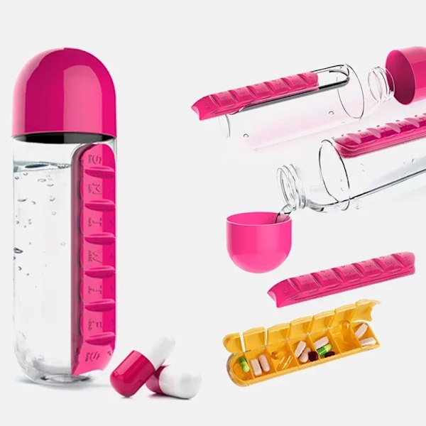2-i-1 600ml Vattenflaska med 7-facks Medicinbox Blå