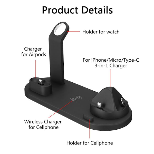 Laddnings Station 3-1 Type-C, Mikro USB, Lightning Vit