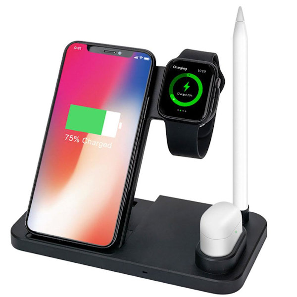 4in1 Trådlösladdnings Station Mobil,Apple Watch, Apple Pen, Airpods Svart Svart