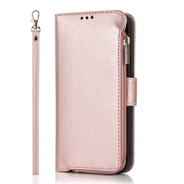 Veske med glidelås, flip-veske med skulderstropp for iPhone 15ProM Pink gold