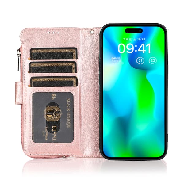 Plånboksfodral i Mikrofiberläder med Dragkedja - iPhone 15 Roséguld