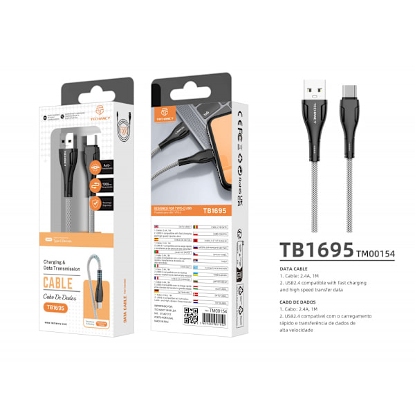 Högdensitetskabel USB-C Typ C 1M 2.4A