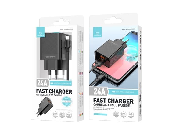 Snabbladdare/1M/Svart USB Typ C/2.4A/Dubbla Portar/Techancy Svart