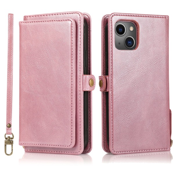 iPhone 15 Plus - Lyxigt Plånboksskal i Läder med Korthållare Rosa guld