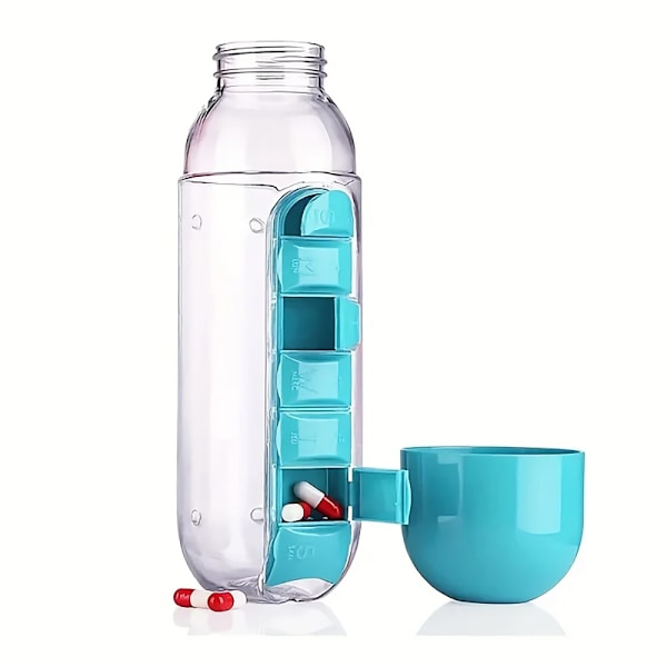 2-i-1 600ml Vattenflaska med 7-facks Medicinbox Svart