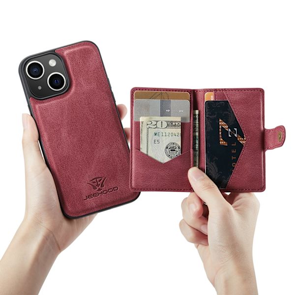 iPhone 15- Läderplånboksfodral med magnetiskt hållare Red