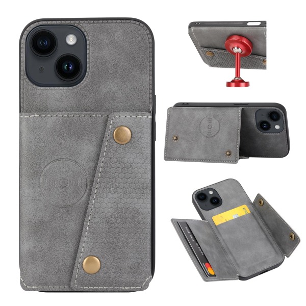 iPhone 15 - Ylellinen retronahkainen lompakkokotelo, 4 korttilokero Grey