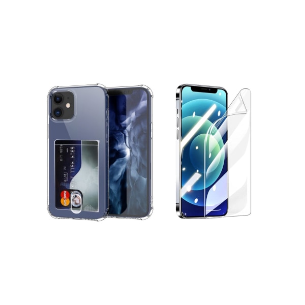 iPhone 12 Mini - Skal med Kortfack & Mjukt Sk�rmskydd Transparent